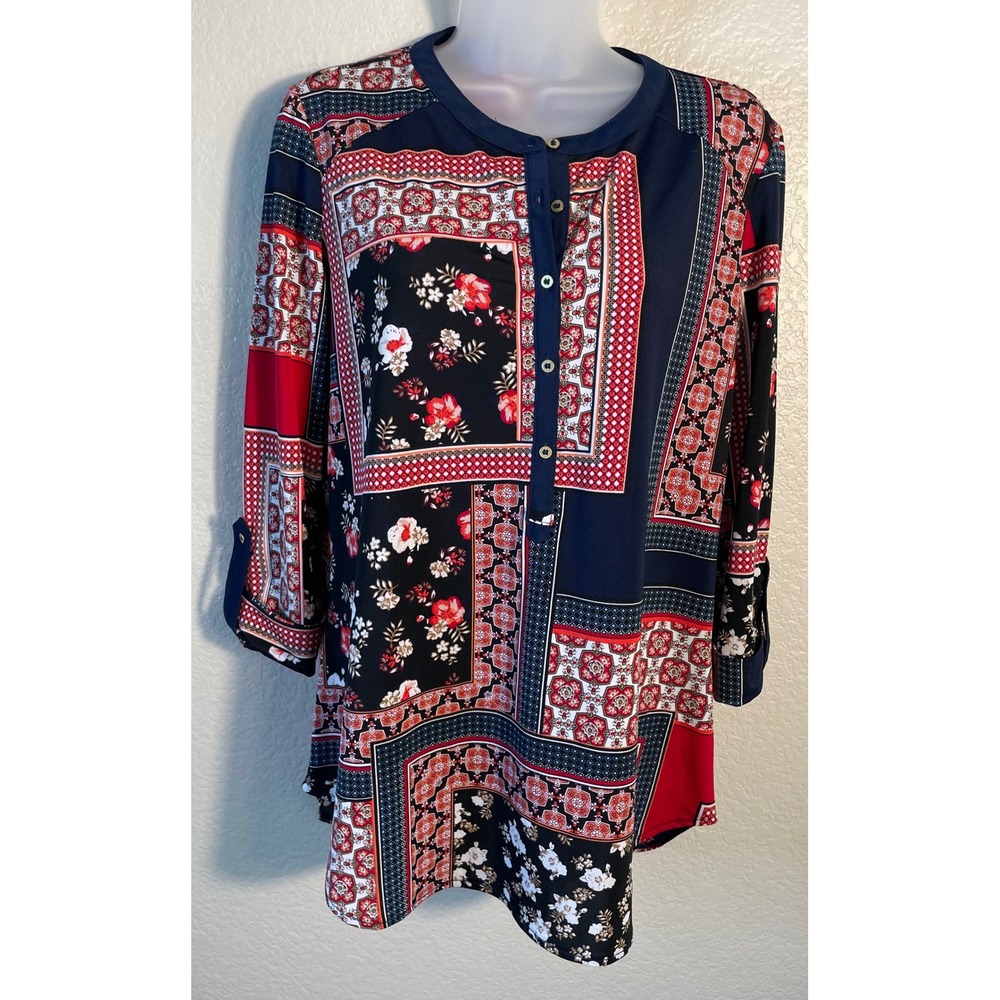 Nygard Small Tunic Top Navy Blue Red Floral Patchwork Roll Tab Sleeve Blouse